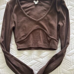 Garage Brown Long Sleeve V-Neck Crop Top